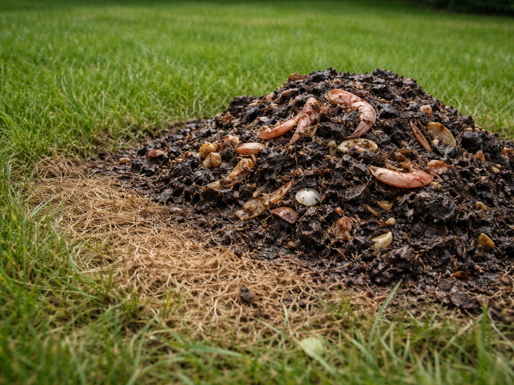 Compost de crevette frais et grumeleux à côté d’une herbe brûlée, odeur ammoniacale suggérée par la texture.