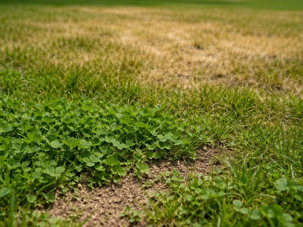 Pelouse de jardin avec trèfle vert entre des zones de gazon plus sèches et jaunies en été.