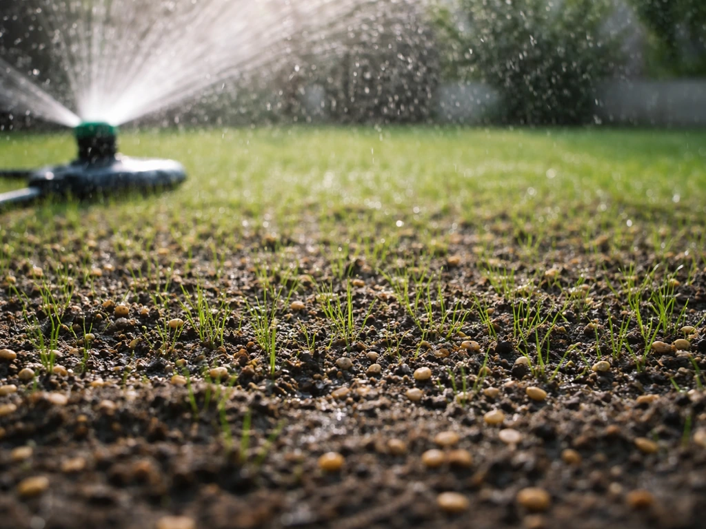 Pelouse fraîchement semée arrosée en pluie fine, sol sombre et humide après le semis