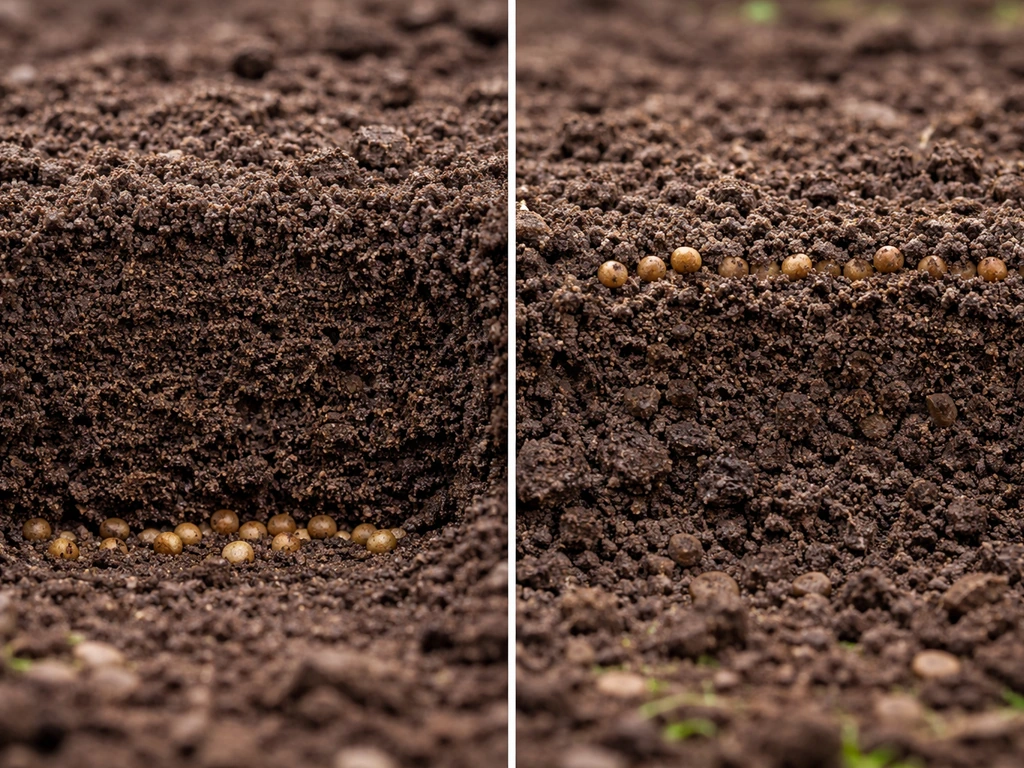 Comparaison photo de graines de trèfle : trop enterrées contre recouvrement correct, profondeur maximale mise en évidenc
