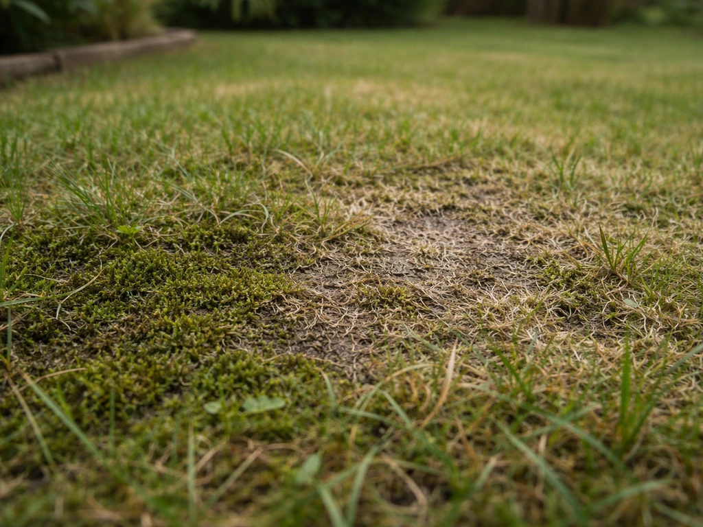 Pelouse de jardin en France avec mousse verte et feutrage grisâtre, vue rapprochée pour diagnostiquer les zones abîmées.