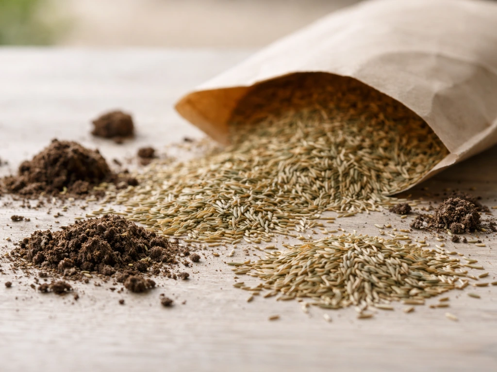 Gros plan sur des graines et mottes de gazon avec un sachet de semences ouvert, arrière-plan flou.