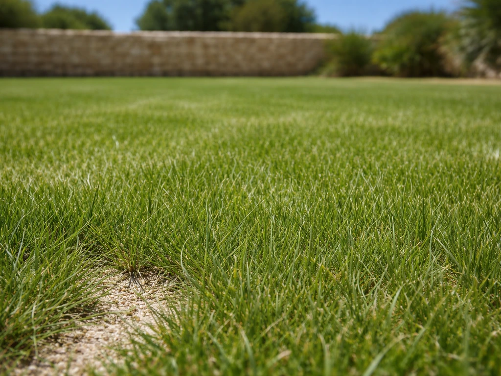 Pelouse en plein soleil et zone sèche du Sud de la France, aspect rustique et sol bien drainé, sans personnes.
