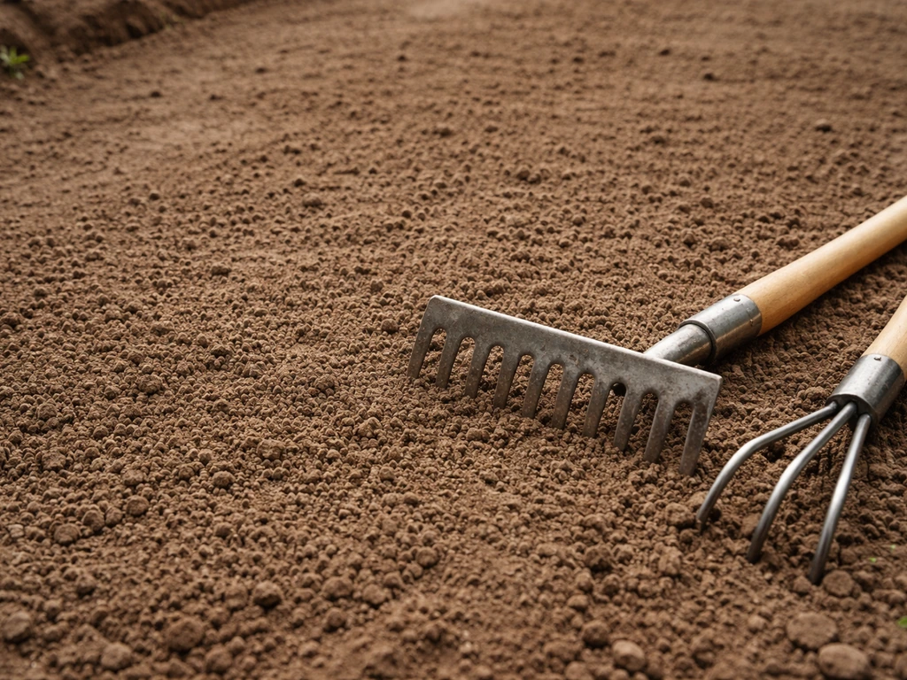 Plan serré sur un sol finement ratissé, outils de jardin visibles après désherbage pour préparer le semis.