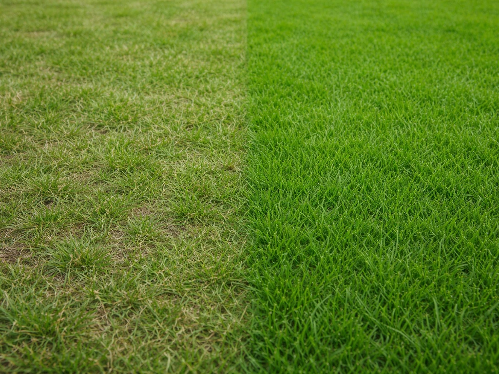 Deux zones de pelouse contrastées : vert clair terne à gauche, vert vif homogène à droite, vue rapprochée des brins d’he