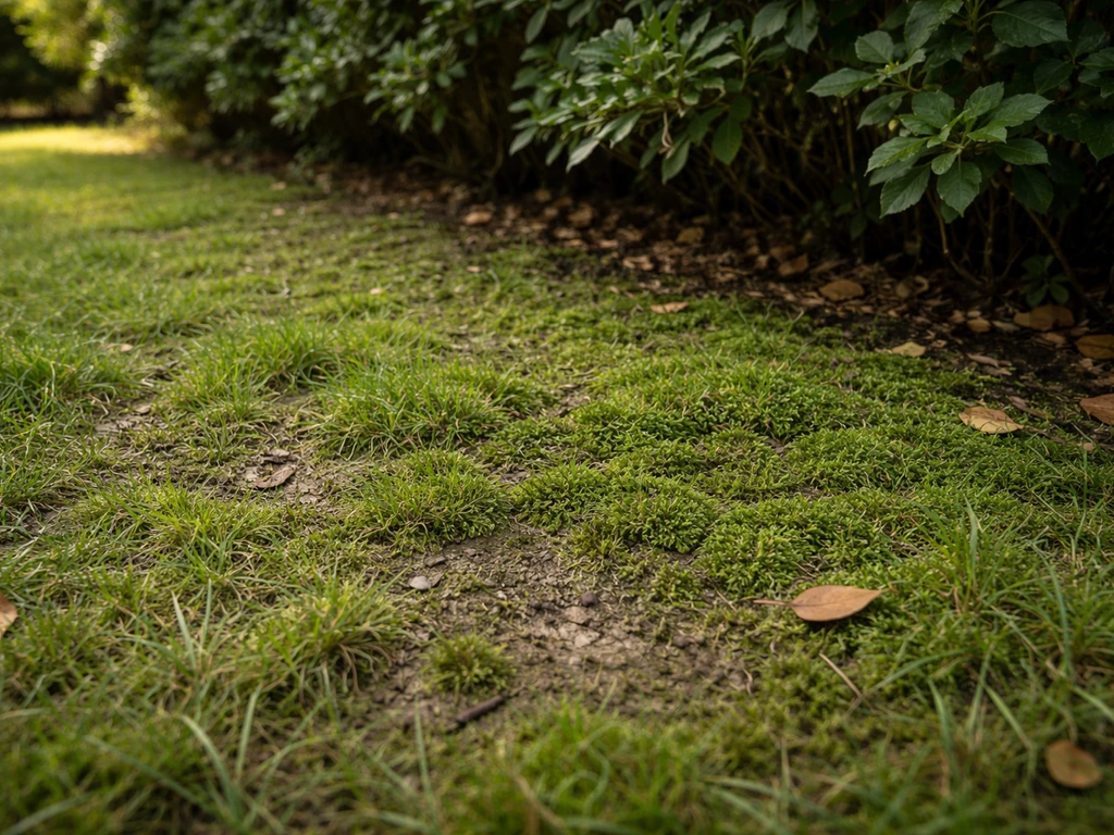 Gazon humide avec feutrage de mousse dans une zone ombragée, sol compacté et terre visible.