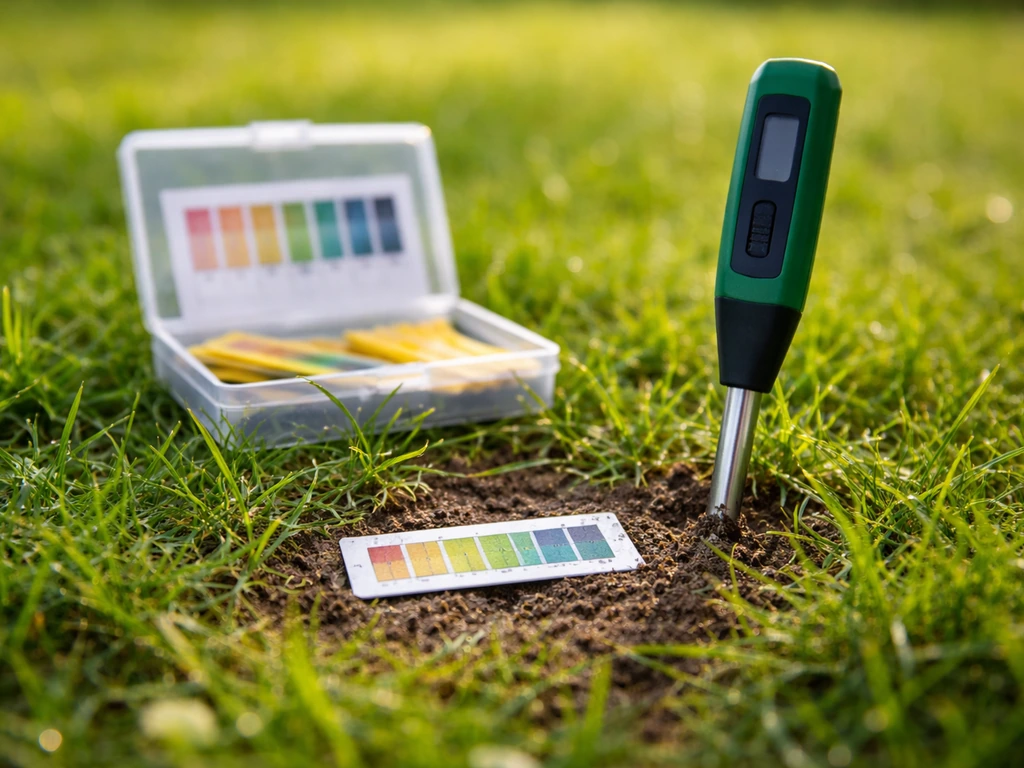 Kit de mesure du pH posé sur une pelouse, papier de test et petite sonde, avant correction.