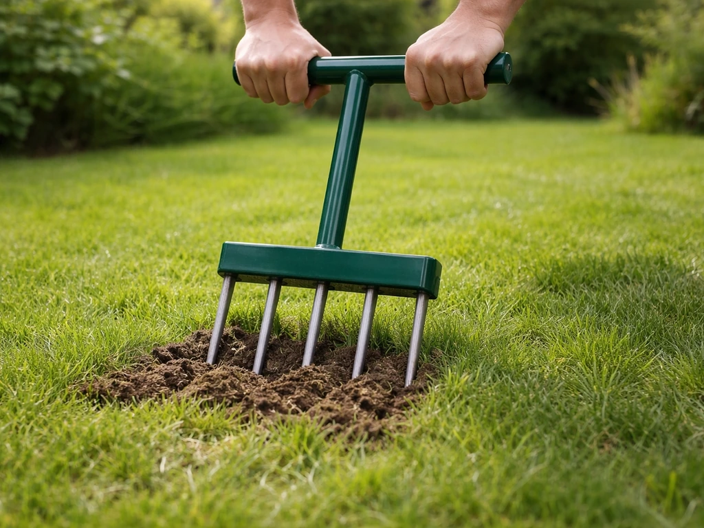 Un aérateur à fourches soulève l’herbe sur une pelouse, laissant voir un sol plus accessible.