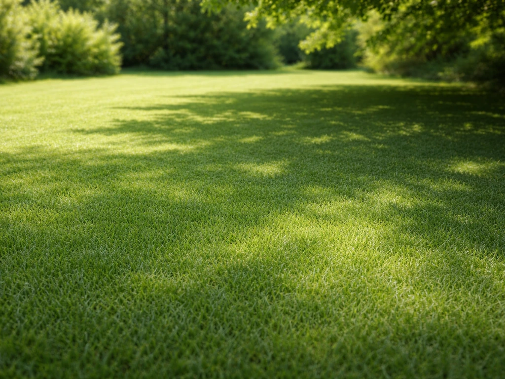 Gazon dense et homogène dans un jardin, avec une zone plus ombragée sous un arbre pour montrer la mi-ombre.