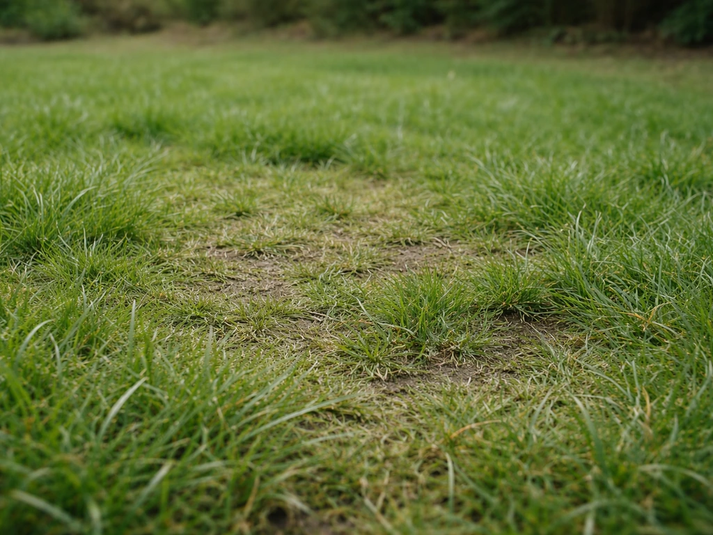 Vue au ras du sol d’un gazon piétiné, herbe aplatie et zones plus denses qui semblent repartir.