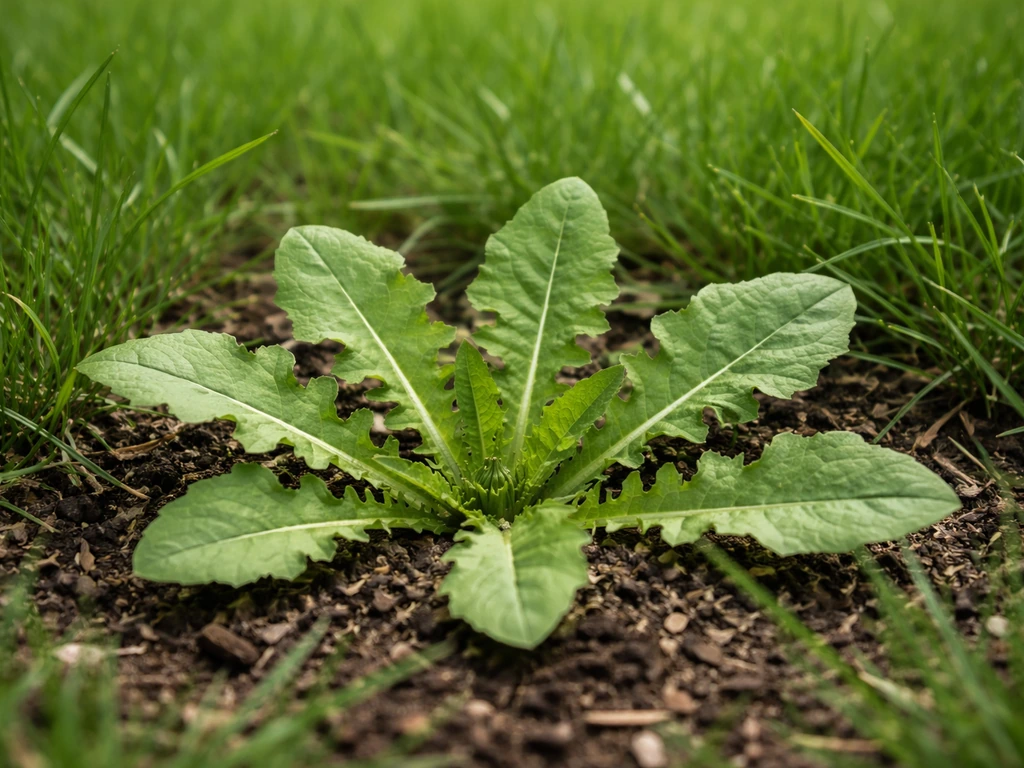 Gros plan d’une mauvaise herbe à feuilles larges (rosette) près de brins de gazon, vue jardin au naturel