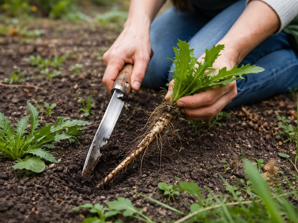 Désherbage manuel au couteau fin dans une plate-bande, racine/pivot retirée avec précision, sans abîmer les plantes.