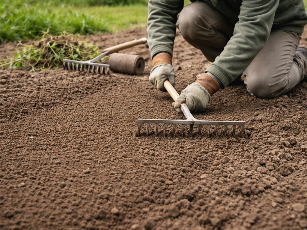 Potager désherbé : une main ratisse un sol émietté prêt à être semé, avec des outils au sol.