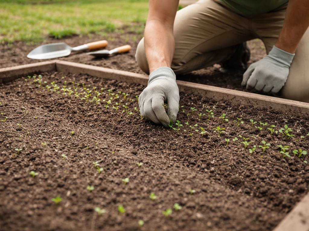 Un jardinier ajuste à la main un semis dans une parcelle, avec zones plus clairsemées et d’autres plus denses.