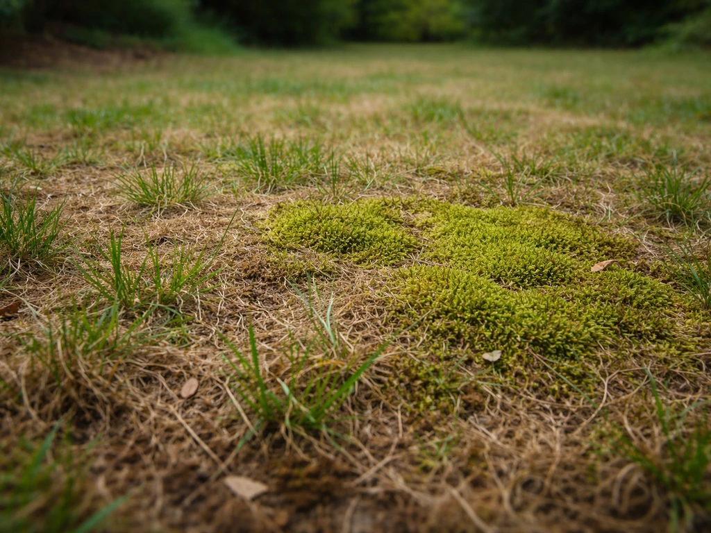 Pelouse envahie par une mousse verte, feutre brun visible entre les brins d’herbe clairsemés.