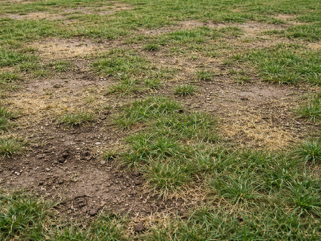 Gros plan d’une pelouse clairsemée : zones jaunies, trous et repousse irrégulière sur la terre.