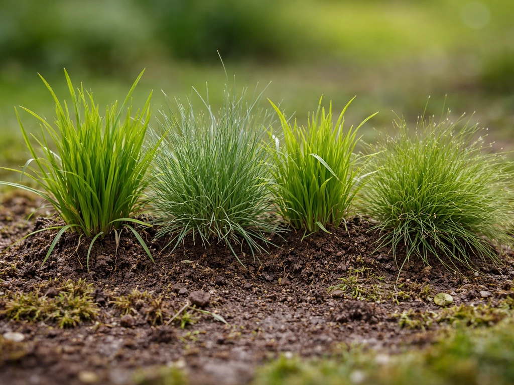 Quatre touffes de brins de graminées (ray-grass, fétuques, pâturin, agrostide) sur terre humide.