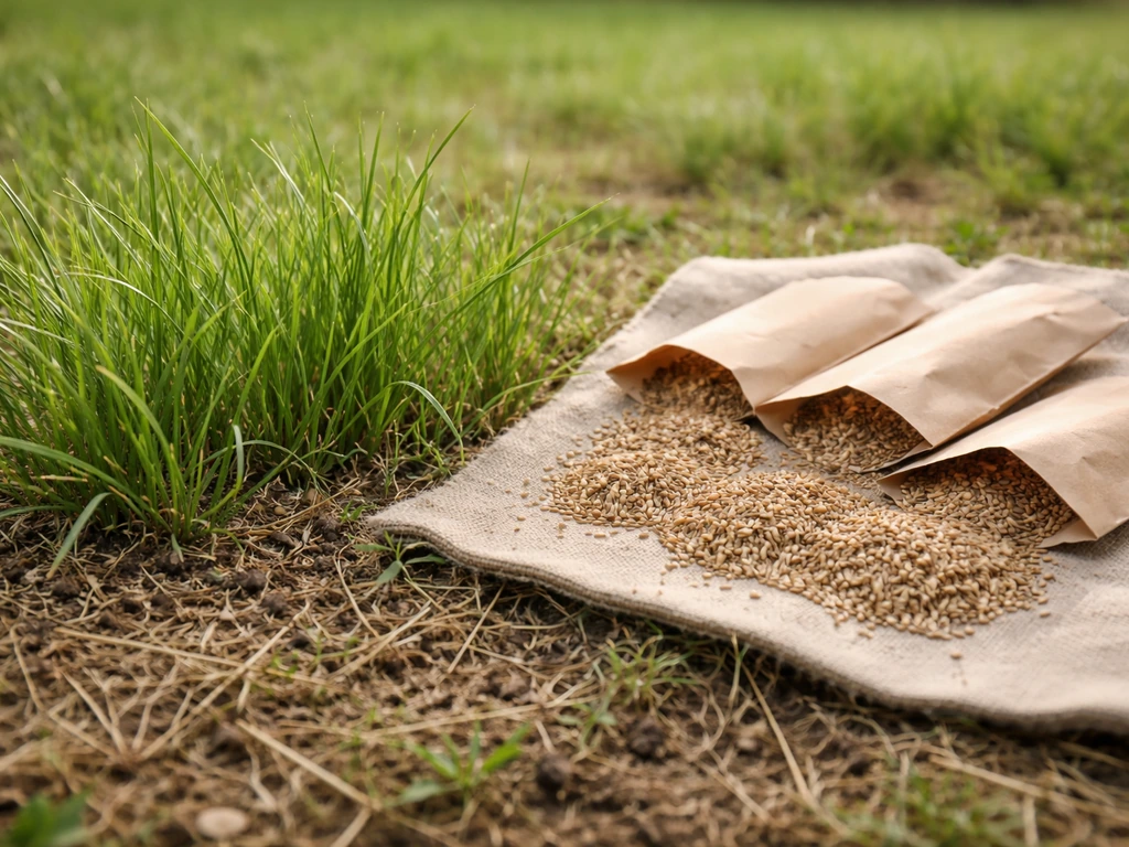 Mélange de ray-grass et fétuques avec des sachets et graines génériques de pelouse sur une bâche, au soleil.