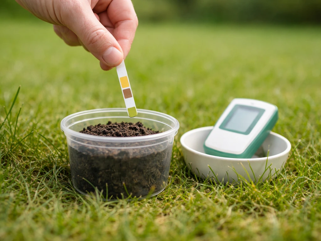 Test du pH du sol dans une pelouse : échantillon de terre et bandelette ou pH-mètre sur un petit support