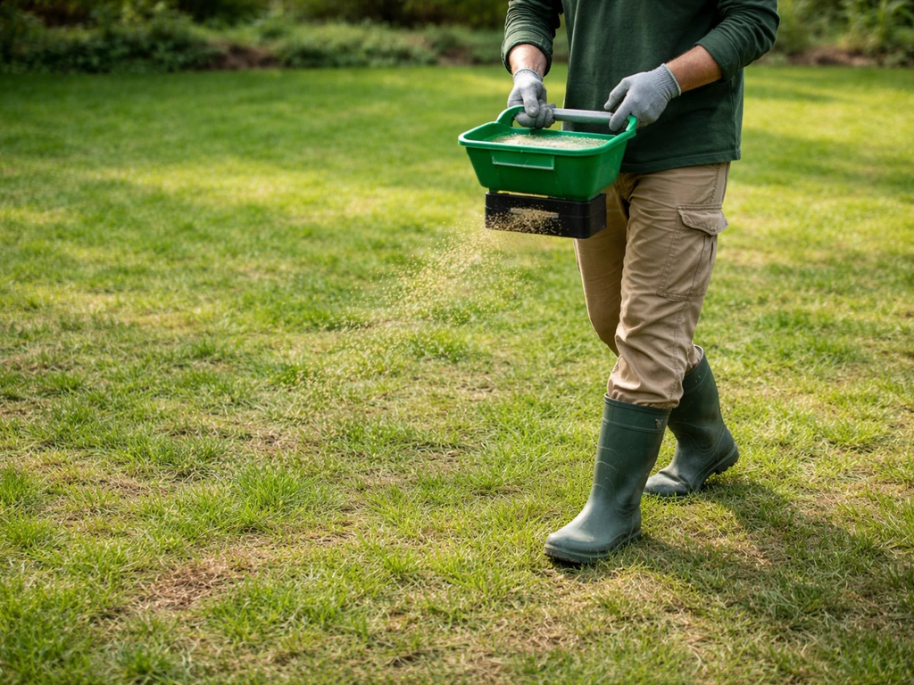 Sursemis sur pelouse après scarification, graines épandues avec un semoir à main, arrosage juste après.