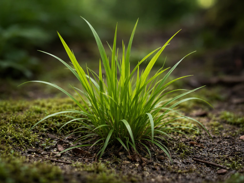 Gros plan de pâturin dans une zone humide et ombragée, feuilles fines vert vif et nervure centrale visible
