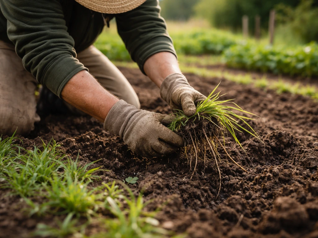 Un jardinier arrache le chiendent à la main, avec des rhizomes entiers sortant de la terre.