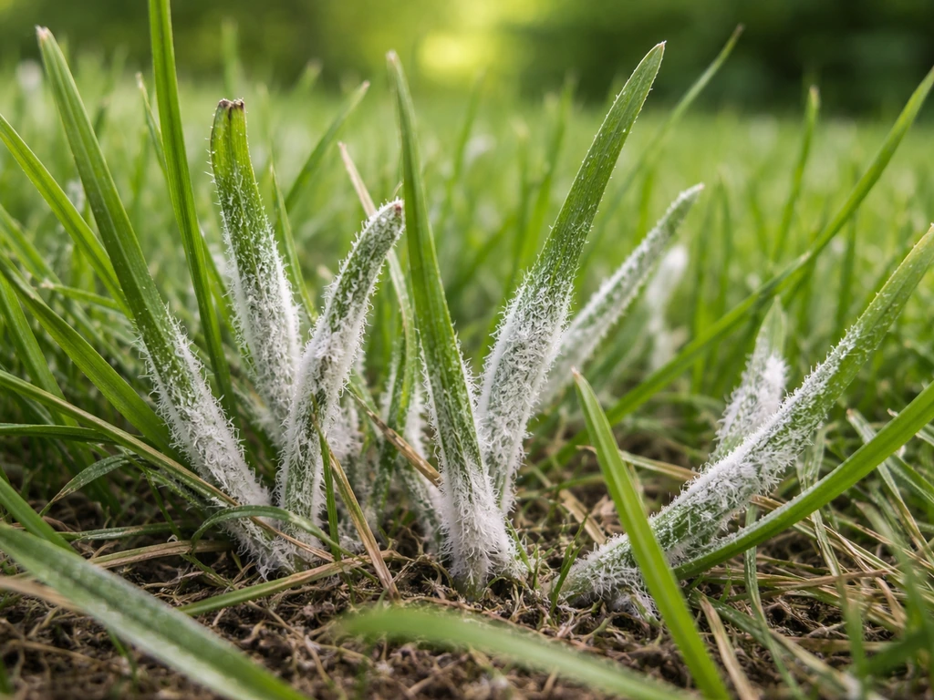 Gros plan sur des brins d’herbe avec un feutrage blanc-gris poudreux typique de l’oïdium.