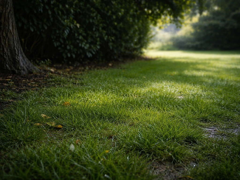Pelouse ombragée sous haie, herbe humide et feuilles qui restent mouillées longtemps, ambiance fraîche.