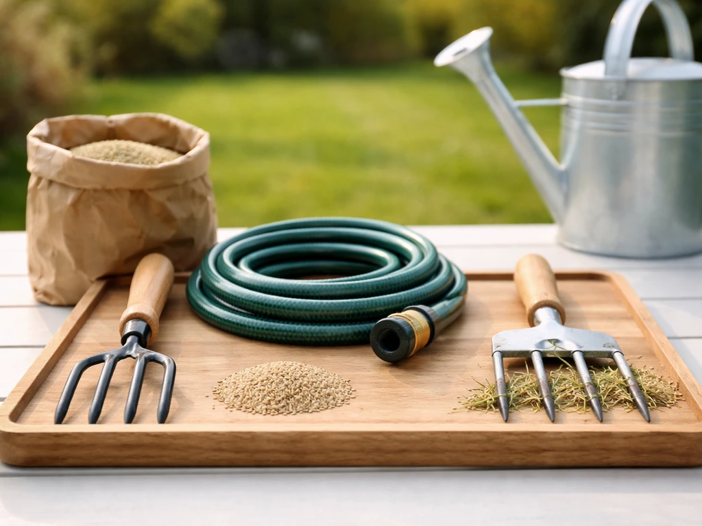 Outils d’entretien du gazon et graines sur une table de jardin, ambiance printemps, pour prévenir le retour de l’oïdium.