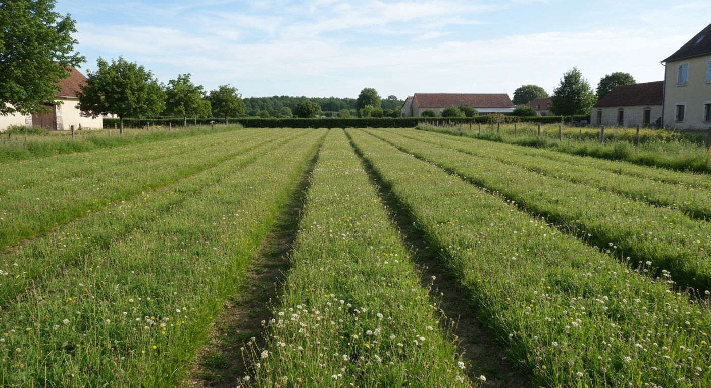 Pelouse de campagne française, inégale mais saine, avec trèfles et traces d'usage, haie en arrière-plan