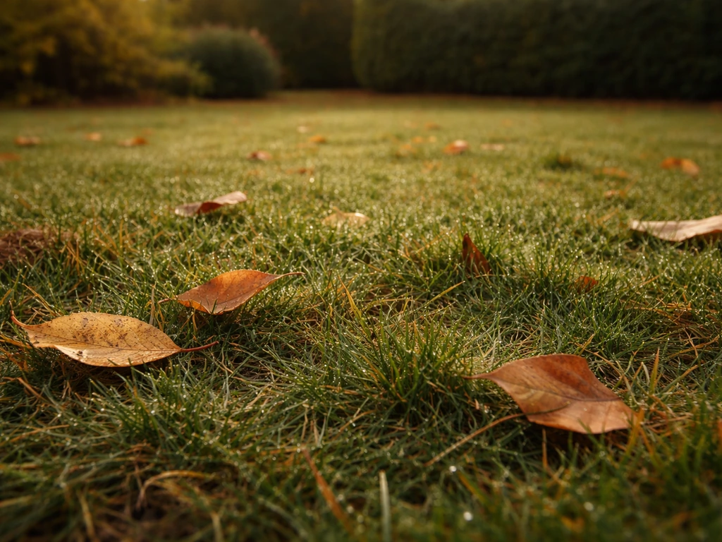 Pelouse d’automne verte et brunissante, avec feuilles au sol, préparation visuelle de fin de saison