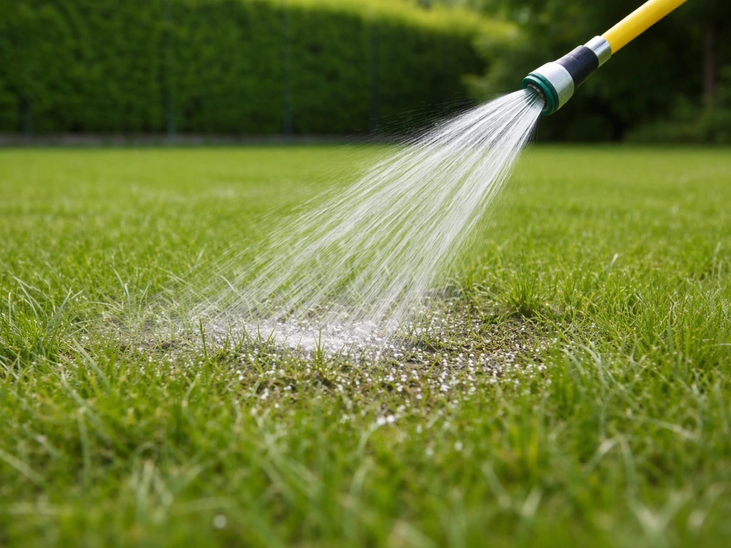 Jet d’eau arrosant une pelouse après épandage d’engrais, granulés en dissolution sur sol frais.