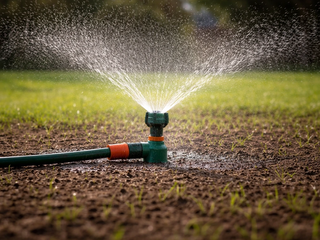 Arroseur pulvérisant une pluie fine sur une pelouse, sol humide après sursemis.