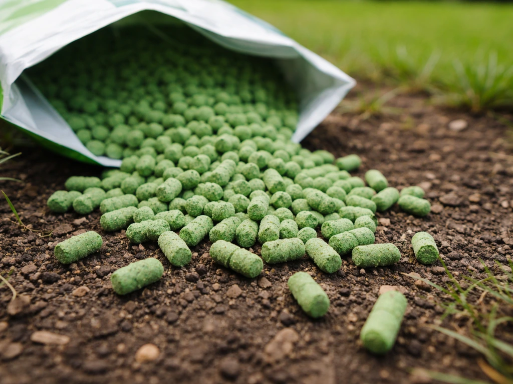 Gros plan de granulés verts à épandre pour anti-mousses sur une terre de jardin.