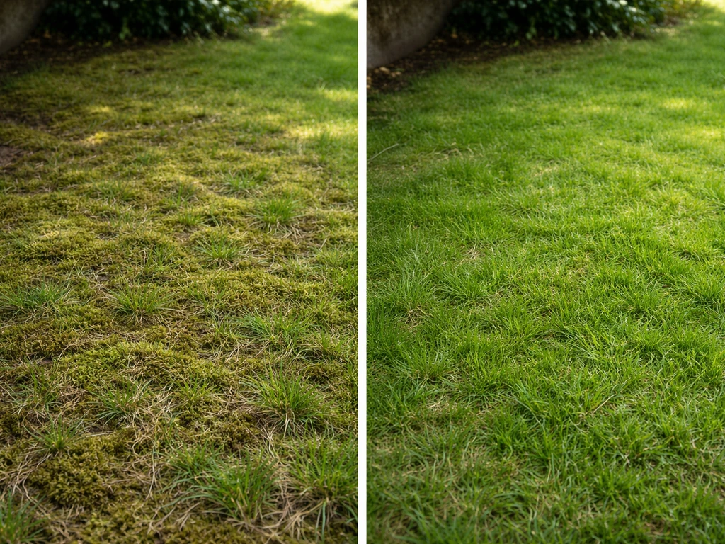 Avant/après d’une zone de pelouse à l’ombre avec mousse verte, puis pelouse plus nette après traitement.