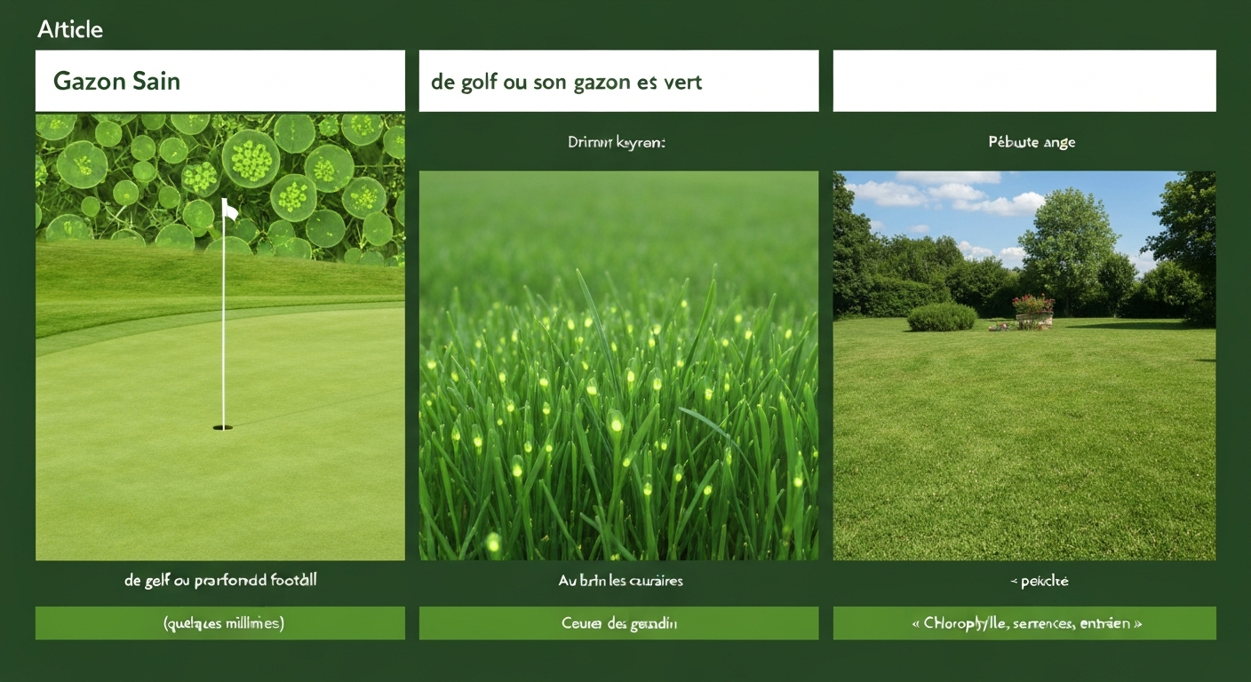 Comparaison visuelle : green de golf, terrain de football et pelouse de jardin avec gros plan sur brins d'herbe