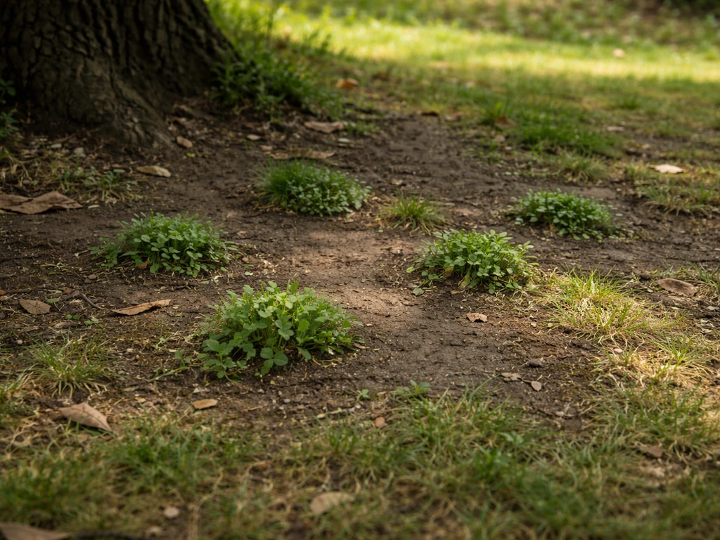Jardin ombragé avec touffes de mauvaises herbes sous un arbre et pelouse clairsemée autour