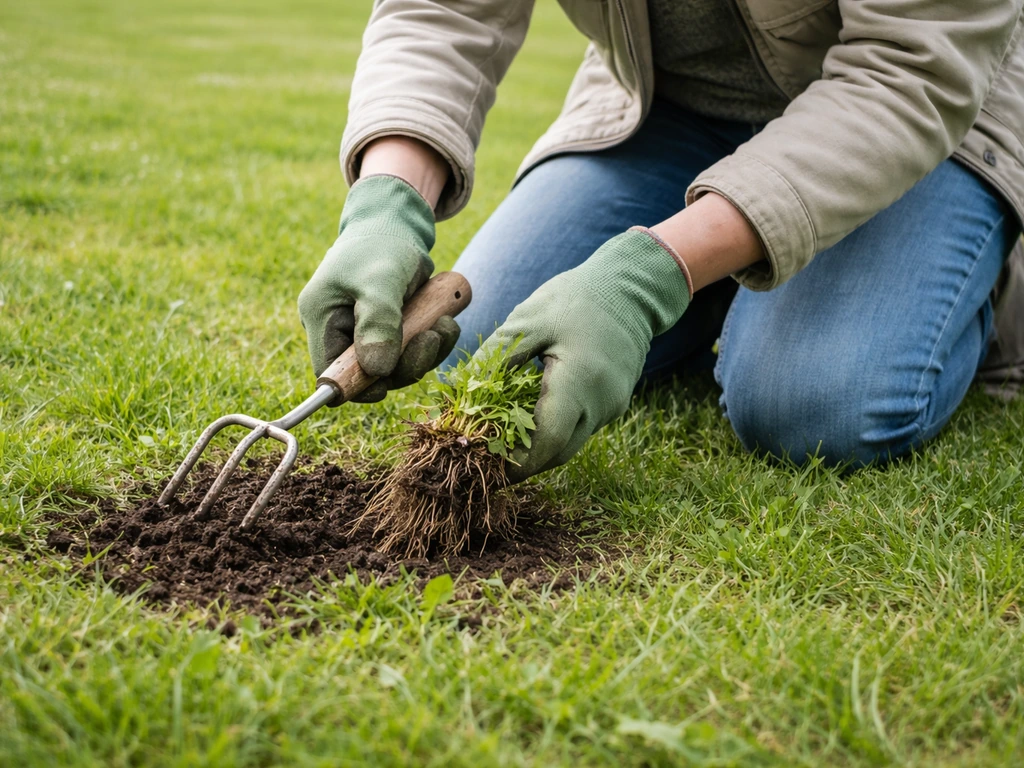 Personne à genoux dans la pelouse, utilisant une fourche-bêche pour arracher une touffe d’herbe indésirable.