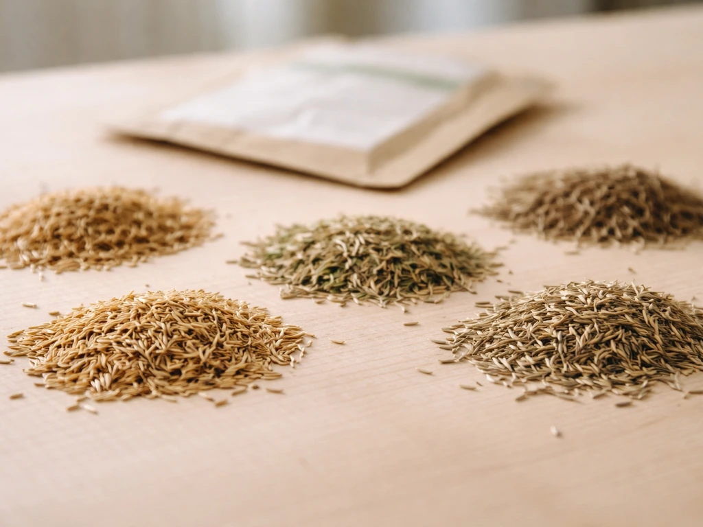 Gros plan de graines de graminées sur une table, avec une étiquette de sachet floue en arrière-plan.