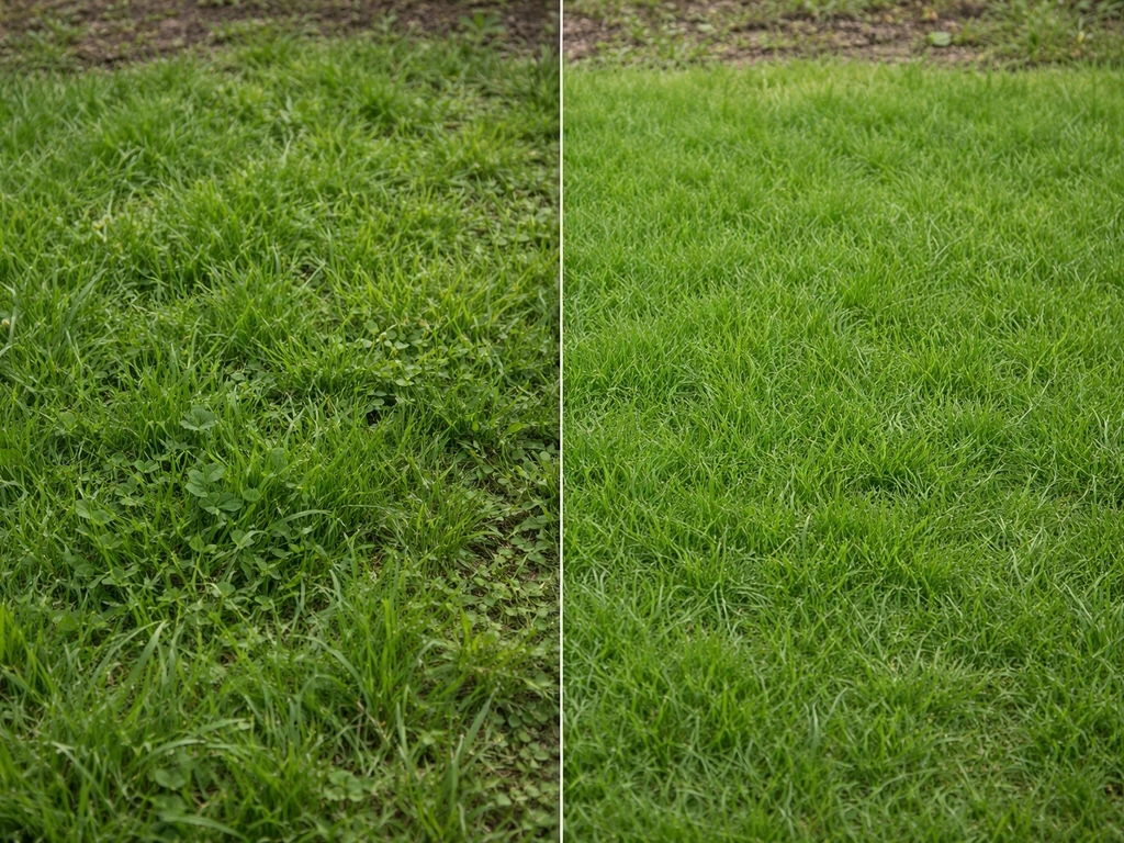 Comparaison de pelouse : mélange de semis plus dense à gauche, monovariété plus uniforme à droite.