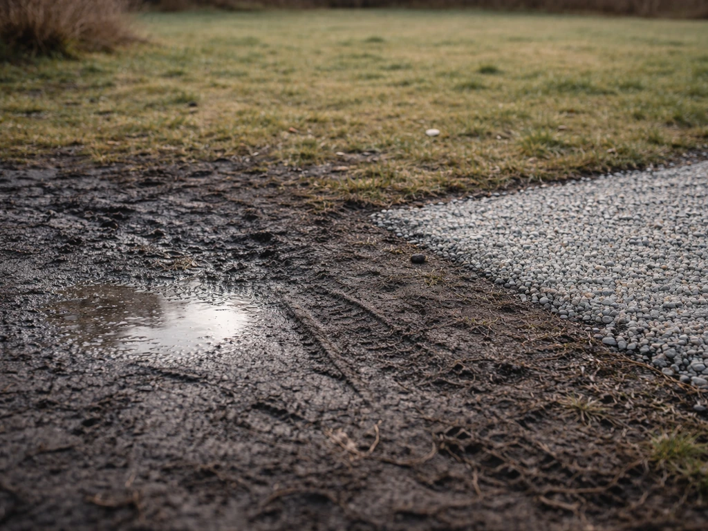 Sol sombre et humide avec flaque, montrant une zone qui retient l’eau et un léger rehaussement de drainage.