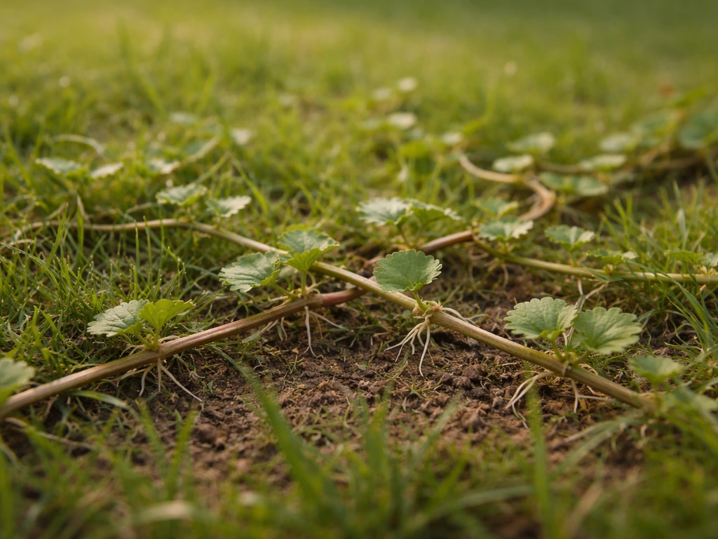 Gros plan sur une plante rampante dans le gazon, montrant l’étalement au sol et les nœuds/stolons.