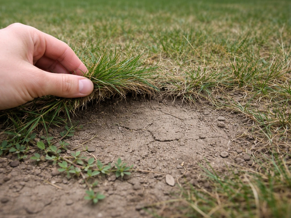 Main écartant une pelouse clairsemée sur un sol lisse et compacté, montrant un point d’entrée de plantes rampantes.