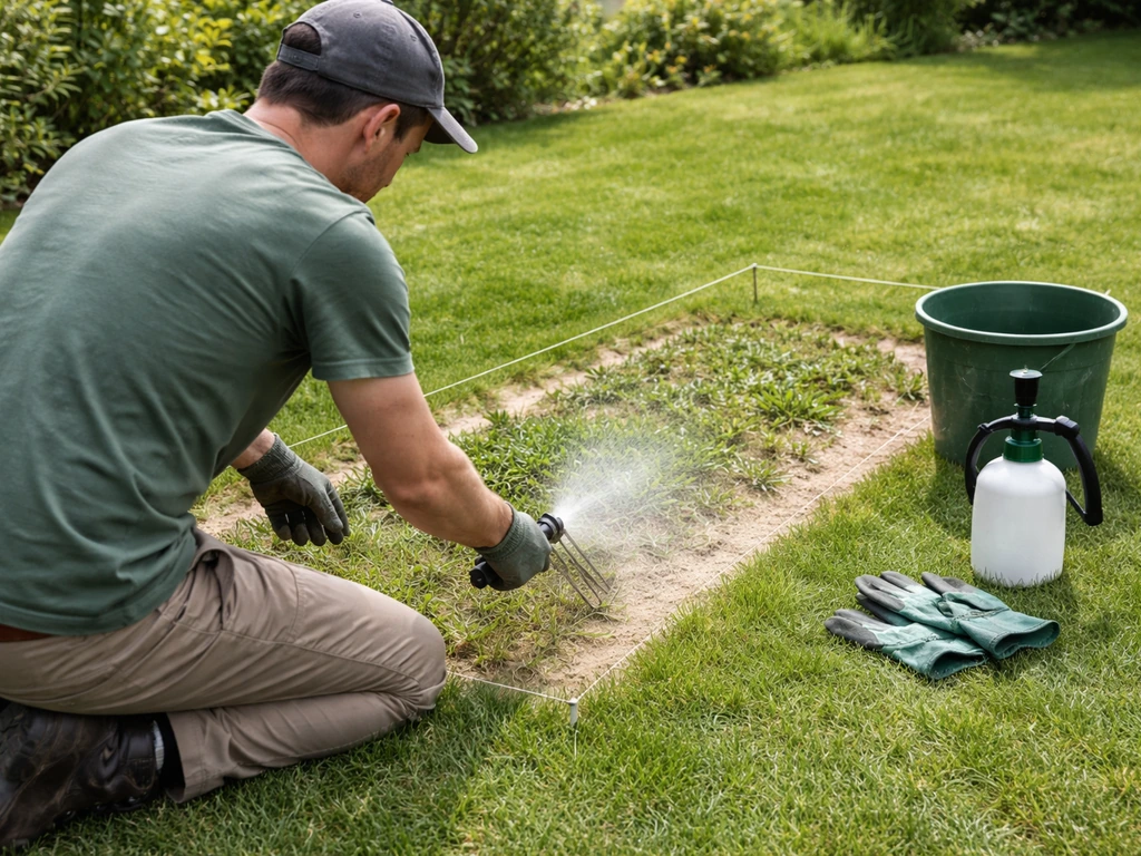 Jardinier désherbant une bande de gazon, zones marquées au sable, outils visibles