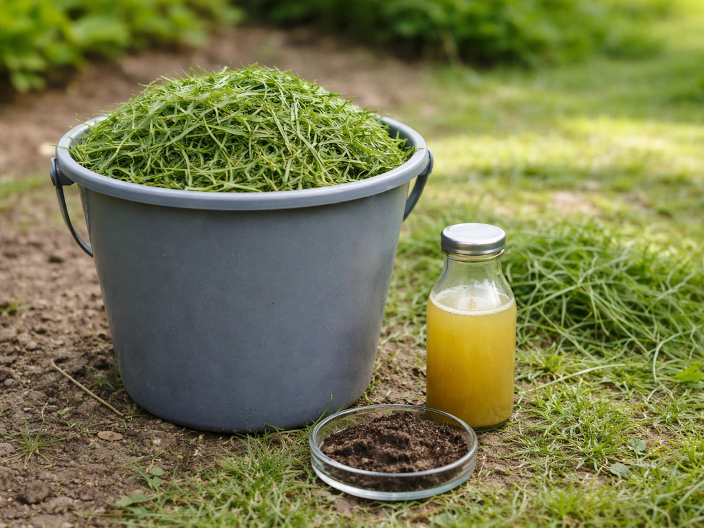 Herbe de tonte fraîche dans un seau, avec un petit flacon et un échantillon de sol à côté