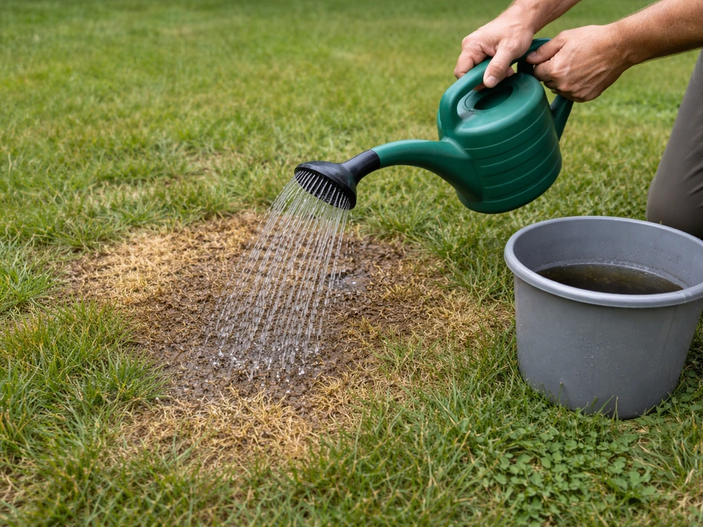 Mains arrosant une zone jaunie du gazon avec arrosoir/pomme fine, seau de dilution à côté, sol humide.
