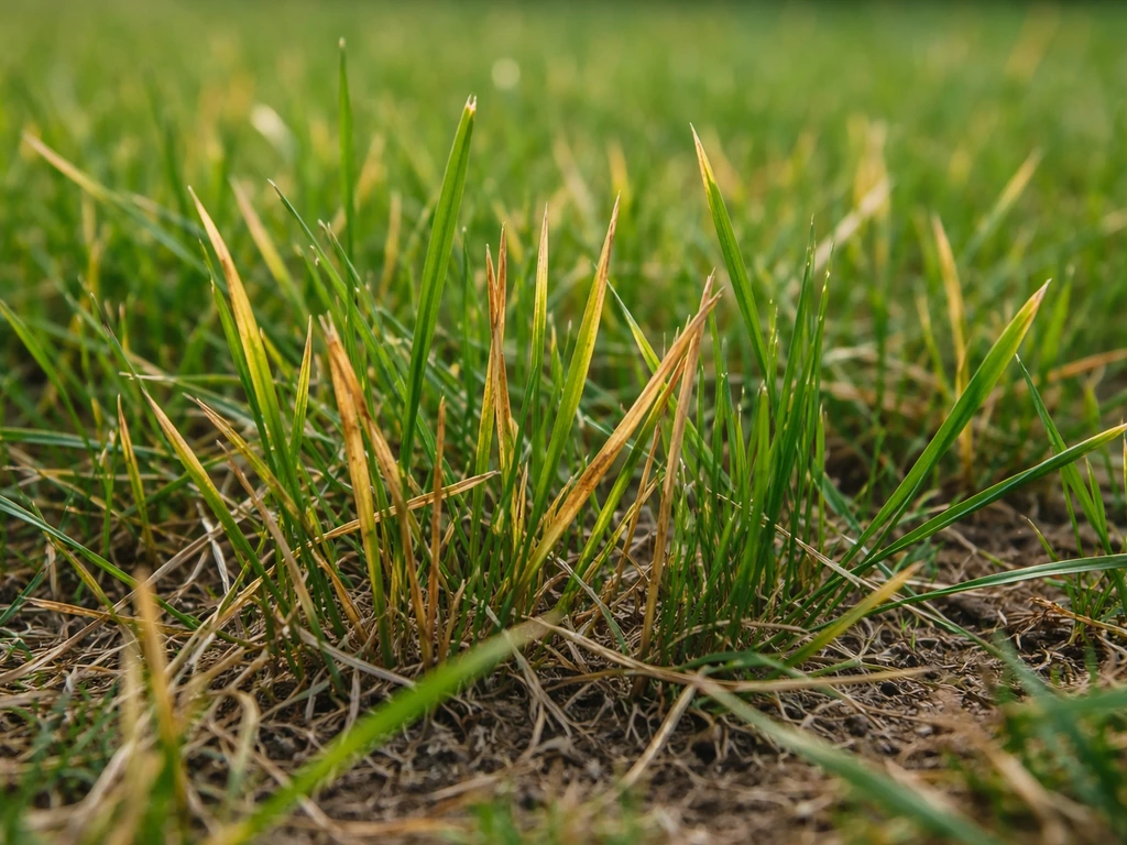 Gros plan sur des brins d’herbe avec pointes jaunies et brûlées, contrastant avec des brins plus verts.