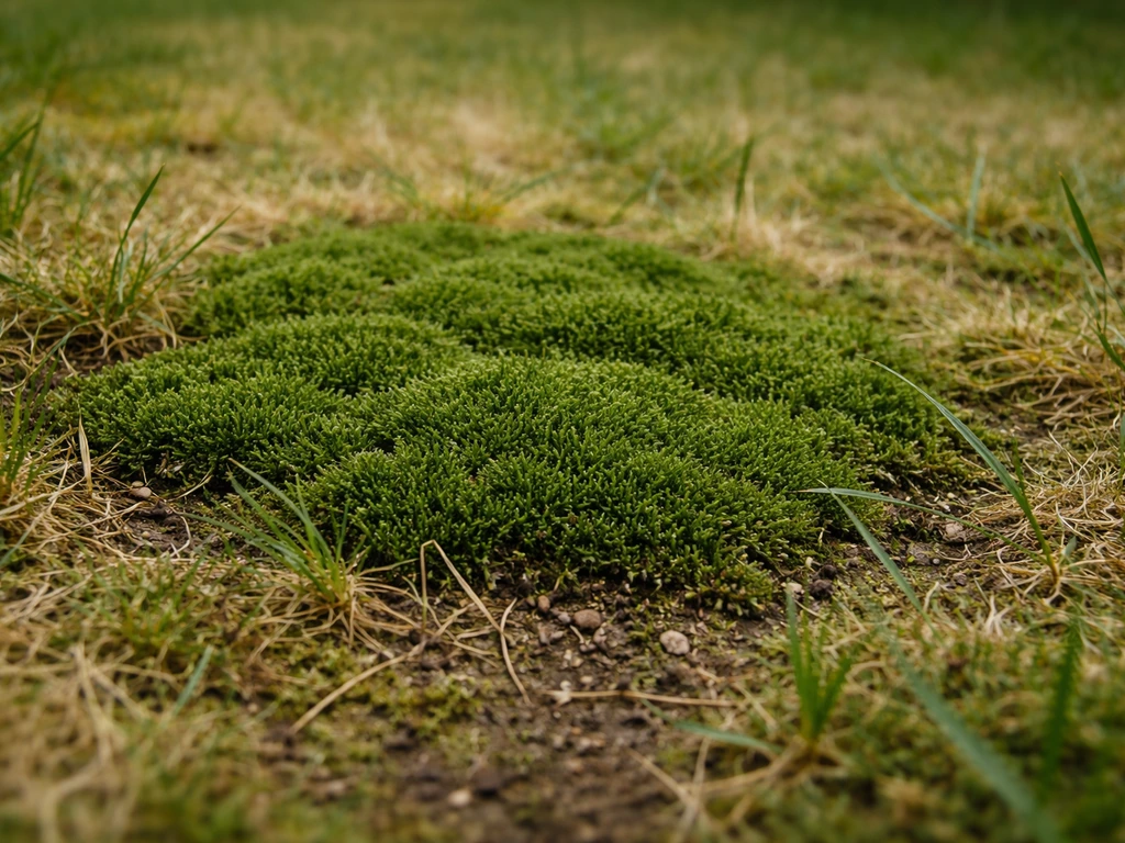 Pelouse vue au ras du sol avec une mousse dense et du feutrage, indiquant un gazon affaibli.