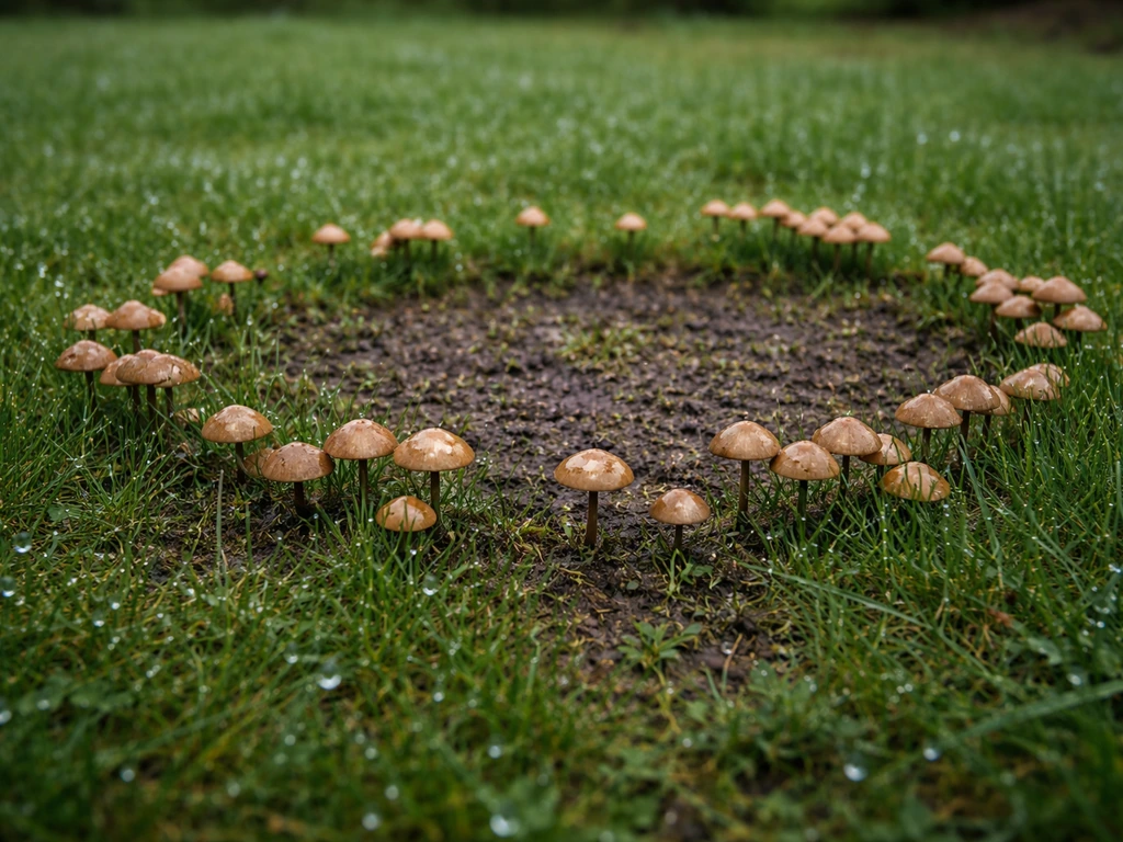 Champignons de pelouse en ronds, herbe humide au sol, ambiance de jardin après pluie.
