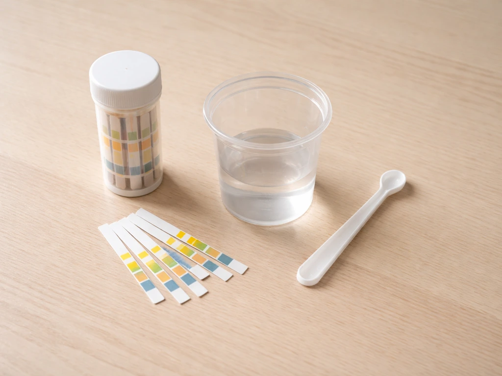 Bandelettes pH de test du sol et petit matériel de prélèvement disposés sur une surface propre.